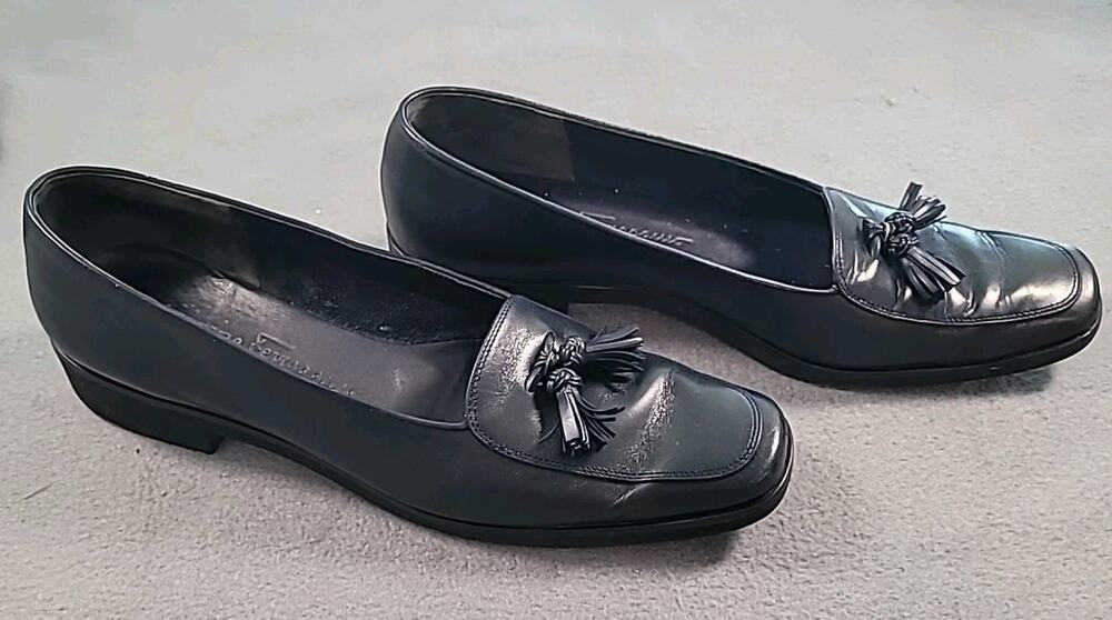VTG Ferragamo Tassel Loafers Navy Leather 8 College Campus School Preppy Retro
